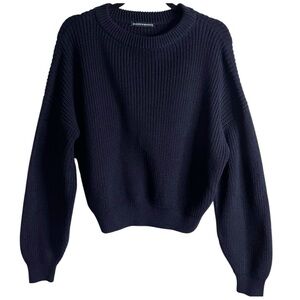Brandy Mellville Cropped Crewneck Sweater Navy Blue Women's Ribbed Cotton Size M